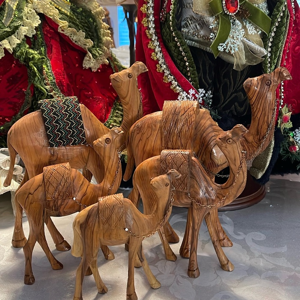 Bundle, Camels Figurines Hand Carved Olive Wood Jerusalem Caravan